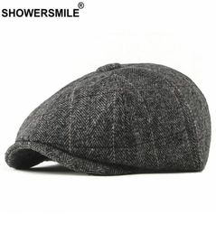 SHOWER Tweed Newsboy Cap Men Wool Herringbone Flat Cap Winter Grey Striped Male British Style Gatsby Hat Adjustable20043854990766