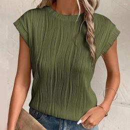 Women's Blouses Women T-shirt Striped Texture Loose Fit For O-neck Short Sleeve Tee Shirt With Solid Color Streetwear Pullover