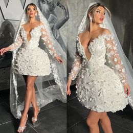 Stunning Short Wedding Dresses appliqued off shoulder long sleeves fulllace mini Wedding Dress a line lacefull designer bridal gowns