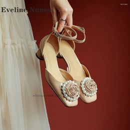 Dress Shoes Pearl Flower Patent Leather Pumps Square Toe Round Heels One Word Buckle Sandals Side Air Cover Heel Elegant Woman Heeled