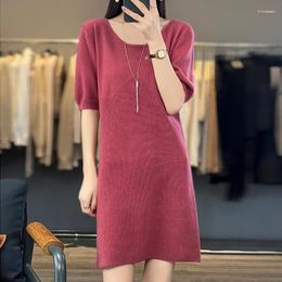 Party Dresses Women's 2024 Spring And Summer Pure Wool Half Sleeve V-neck Straight Tube Short Dress Sweater Mini Skirt