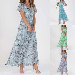 Womens Dresses Swing Long Dress Chiffon Floral Short Sleeve Ruffle V Neck Fashion Waist Flowy 240422