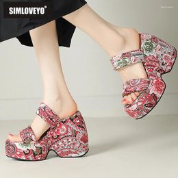 Sandals SIMLOVEYO 2024 Summer Platform Wedges Plus Size 42 43 Print Mixed Color Slip On Mules Soft Fashion Female Shoes