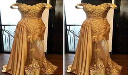 Elegant Gold Evening Formal Dresses Lace Applique Beaded Prom Dress Ruched Peplum Floor Length Off Shoulder Plus Size Special Occa9673471