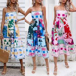 Summer Womens Sexy Positioning Printed Sling Sleeveless Large Swing Dress