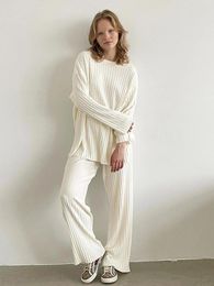 Women's Sleepwear Marthaqiqi Apricot Home Clothes Women Long Sleeve Nightwear O-Neck Wide Leg Pants Winter Ladies Pyjamas 2 Piece Suit