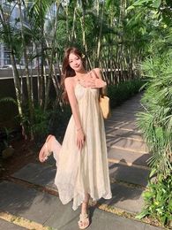 Casual Dresses Deeptown Korean Fairycore Beige Long Resort Dress Women Beach Style Backless Ruffles Halter Y2k Sweet Holiday Vestidos