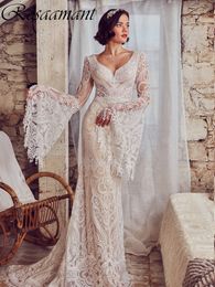 Bohemian V-Neck Long Flare Sleeve Mermaid Wedding Dresses Illusion Backless Appliques Lace Bridal Gowns Robe De Mariee