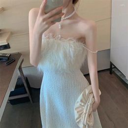 Casual Dresses Waist-Tight Tube Top Off-Shoulder White Dress For Women Autumn And Winter Inner Wear Pearl Suspender Mid-Length Skirt