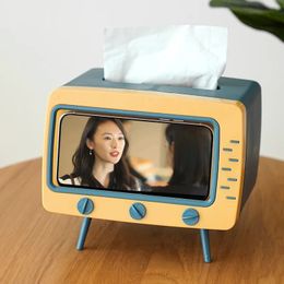 Creative 2 in 1 TV Tissue Box Desktop Papierhalter Spender Aufbewahrung Serviette Hülle Organizer mit Mobiltelefonhalter