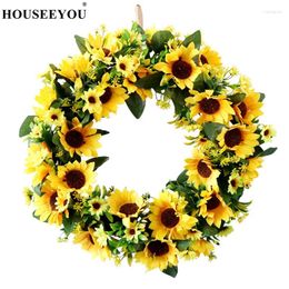 Decorative Flowers 45cm Artificial Sunflower Summer Fake Flower Garlands Vine Wreath With Yellow And Green Leaves Front Door Decoration