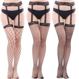 Women Socks Sexy Lingerie Black Fishnet Stockings With Garter Belt Over Knee Pantyhose Thigh High Sock Hosiery Lace Mesh Sheer Tights