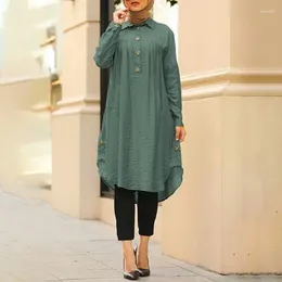 Ethnic Clothing Wepbel Women Muslim Casual Dress Long Sleeve Pullover Stand Collar Loose Islam Robe Caftan Solid Colour Ramadan Shirt