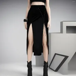 Skirts Gothic Skirt Women High Split Y2k Drawstring Perforated Hip Wrapped Asymmetrical Sexy Dark Black Punk Grunge Midi