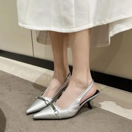 Sandals Elegant Summer Shoes Women Pointed Toe Bare Ankle Strap Silver Medium Slope Heeled Party Outdoor Zapato