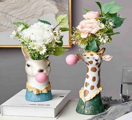 Resin Cartoon Animal Head Vase Flower Pot Bubble Gum Zebra Giraffe Panda Deer Bunny Bear Animal Creative Crafts Decoration 2104093327439
