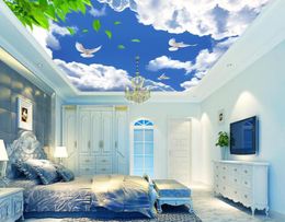 custom 3d wallpaper ceiling Blue sky white clouds green leaf pigeons sky ceiling wallpaper living room landscape wall paper1342184