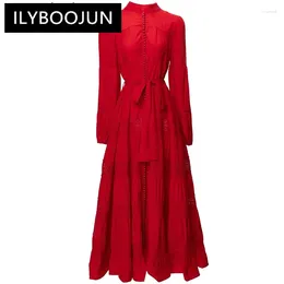 Casual Dresses ILYBOOJUN Fashion Designer Summer Dress Women's Stand Collar Lantern Sleeve Pearl Single Breasted Vintage Lace-up