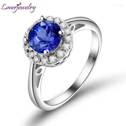 Cluster Rings LOVERJEWELRY Young Lady Vintage Round 6mm 18Kt White Gold Natural Diamond Tanzanite Jewellery Ring For Women Wedding Party