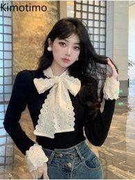Women's Sweaters Kimotimo Lace Bow Sweater Women French Vintage Long Sleeve Slim Y2k Tops Pull Femme Spring Elegant Bottoming Knitwear