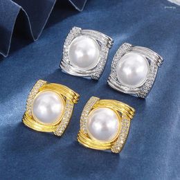 Stud Earrings 2024 Delicate Exaggerated Square Pearl For Women Luxury Silver Colour Wedding Party Statement Jewellery Gifts