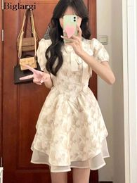 Party Dresses Summer Flower Floral Print Mini Dress Women Puff Short Sleeve Sweet Fashion Bow Ruffle Ladies Pleated Korean Woman