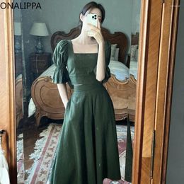 Work Dresses Onalippa Green Two Piece Skirt Sets Womens Outfit Back Cut Out Lace Up Bow Puff Sleeves Crop Top High Waist A Line Midi Skirts