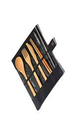 Wooden Dinnerware Set Bamboo Teaspoon Fork Soup Knife Catering Cutlery Sets with Cloth Bag Kitchen Cooking Tools Utensil KKA44455356428