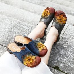 Slippers 3cm Genuine Leather Flats Hollow Slip On Ethnic Authentic Elegance Summer Fashion Appliques Flower Women Designer Shoes