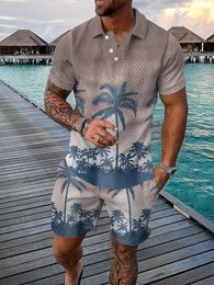 Men's Tracksuits Summer Men Suit 3D Print Beach Coconut Trees Button Polo Shirt Shorts Two Piece Set Fashion Casual Man Clothing Tracksuit
