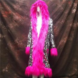 Stage Wear Fashion Faux Fur Sequins Cloak Long Overcoat For Women Singer Birthday Evening Party Prom Celebrate Hooded Coat