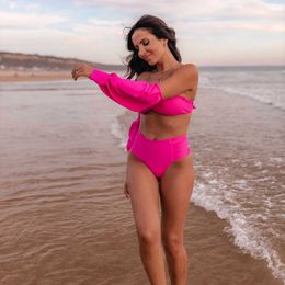 Women's Swimwear High Waist Bikini New Long Sleeve Swimsuit Off-Shoulder Swimwear Women Bubble Sleeve Bikinis Sexy Mesh Beach Wear