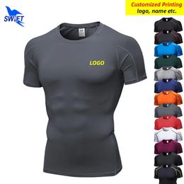 تخصيص مضغوط اللياقة البدنية T Shirt Men Men Shirt Sleeve Elastic Elastic Running Tops Summer Quick Dry Gym Sportswear Tshirt240417