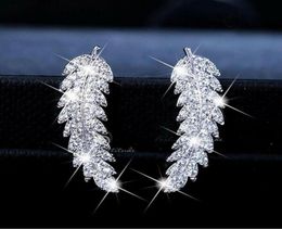 2019 New Arrival Luxury Jewelry 925 Sterling Silver Pave White Sapphire CZ Diamond Leaf Feather Stud Earring For Women Gi1475053