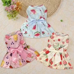 Dog Apparel Pet Dress With Bowknot Summer Fruit Print Ribbon For Small Medium Dogs Cats Outfit Puppy Kitten Sweet