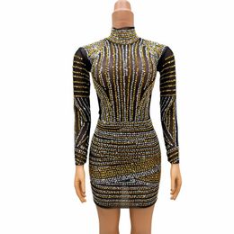 Stage Wear Silver Gold Fulll Rhinestones Luxury Dress Sexy Black Transparent Outfit Dance Nightclub Costume Party Jinyin