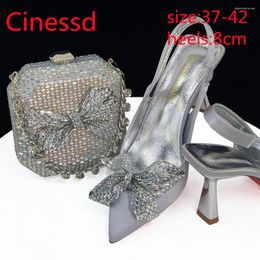 Dress Shoes 2024 Elegant Party Sandals Rhinestone Pumps Pointed Toe Wedding Silver Women High Heel And Bags Set