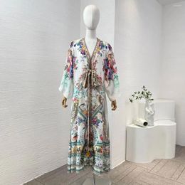 Casual Dresses Silk 2024 Summer White Floral Peacock Print Vintage High Quality Women Long Sleeve Diamonds Pressed V-Neck Belt Midi Dress