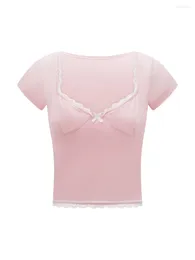 Women's T Shirts Lace Trim Crop Tops Summer Short Sleeve Sweetheart Neck Mini Bow Front Sweet Slim T-Shirts Solid Baby Tee Streetwear Y2K