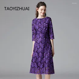 Party Dresses TAOYIZHUAI Autumn Casual Style Purple Colour Plus Size Dress Straight Loose Vintage O Neck Natural Waist Floral 14290