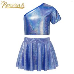 Clothing Sets Kids Girls Jazz Dance Outfit Children Hiphop Clothes Set Cheerleading Performance Costume Short Sleeve Metallic Crop Top Skirt