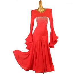 Stage Wear Custom Colour Size Red Bell-bottomed Sleeve Ladies Ballroom Standard Dance Dress Tango Vintage Waltz Dancing Costumes