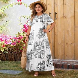 Plus Size Dresses Building Print Women T Shirt Loose Scroop Neck Short Sleeve Casual Summer Robe Oversized Femle A Line Cloth