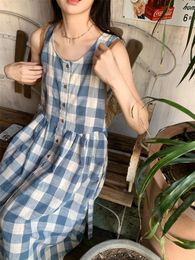 Casual Dresses Women's Summer Vintage Long Tank Plaid Shirt Dress With Belt Sleeveless High Waist Midi Sundress Girls Single Breasted
