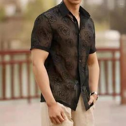 Men's Casual Shirts Short Sleeve Shirt Mesh Rose Pattern Cardigan For Vacation Beach Top Sheer Sleeves With Turn-down Collar