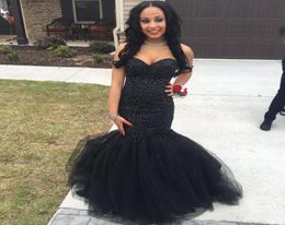 2020 Sexy Black African Mermaid Prom Dresses Sweetheart Beaded Tulle Open Back Cheap Long Formal Dress Evening Wear Plus Size Prom9255371