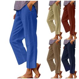 Women's Pants Straight For Women Ankle Length Trousers With Pockets Beach Summer Solid Color Elastic Waist Cotton Linen Mujer