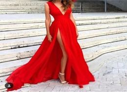 New Red Evening Dresses Deep VNeck Sweep Train Piping Side Split Modern Long Skirt Cheap Transparent Prom Formal Gowns Pageant Dr5302677