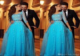 2019 Blue Lace Arabic Evening Dress Half Sleeves Aline Tulle Long Formal Holiday Wear Prom Party Gown Custom Made Plus Size1411401