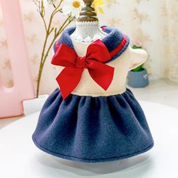 Dog Apparel Splicing Pets Dresses Japanese Style Doll Collar Warm Bowknot Clothes For Cute Student Skirt Autumn Winter Pet Cat Dress